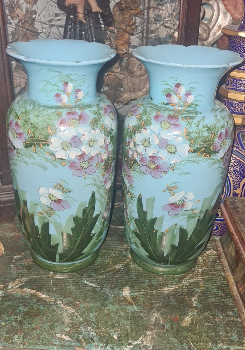 Pair Of Painted Opaline Vases