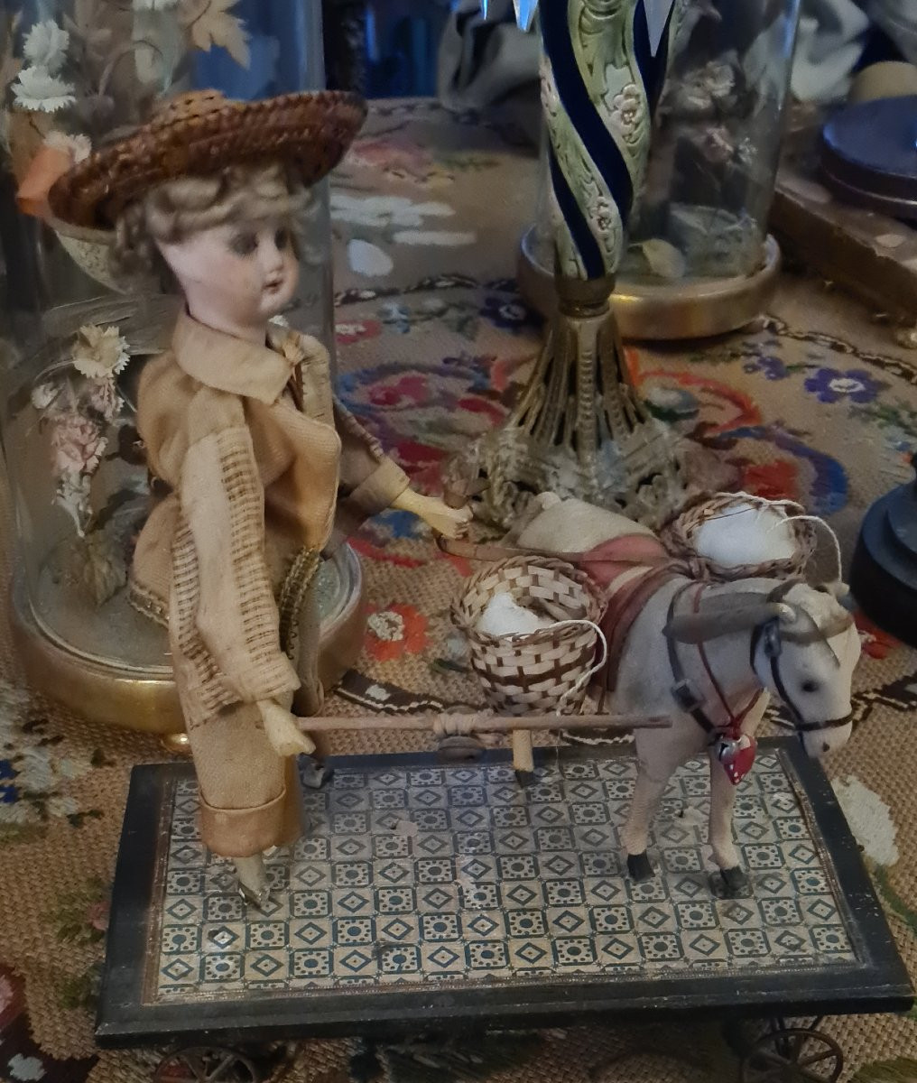 Antique Toy With A Mechanical Mechanism. A Cart With A Donkey And A Bisque Doll.-photo-4
