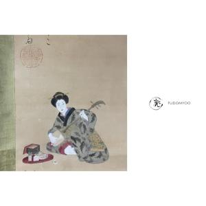 Kakemono Painting Japan Woman Kimono Shamisen Fox Tanuki