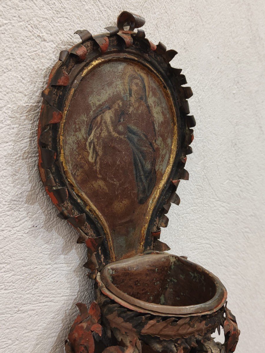 Ancient Embossed And Painted Copper Stoup - 17th / 18th Century.-photo-4