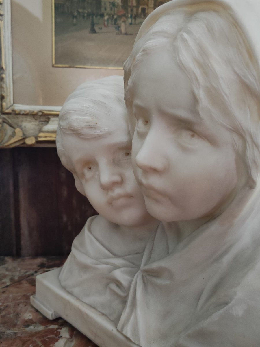 Buste En Marbre Représentant Des Enfants - Signé Giuseppe Bessi-photo-2
