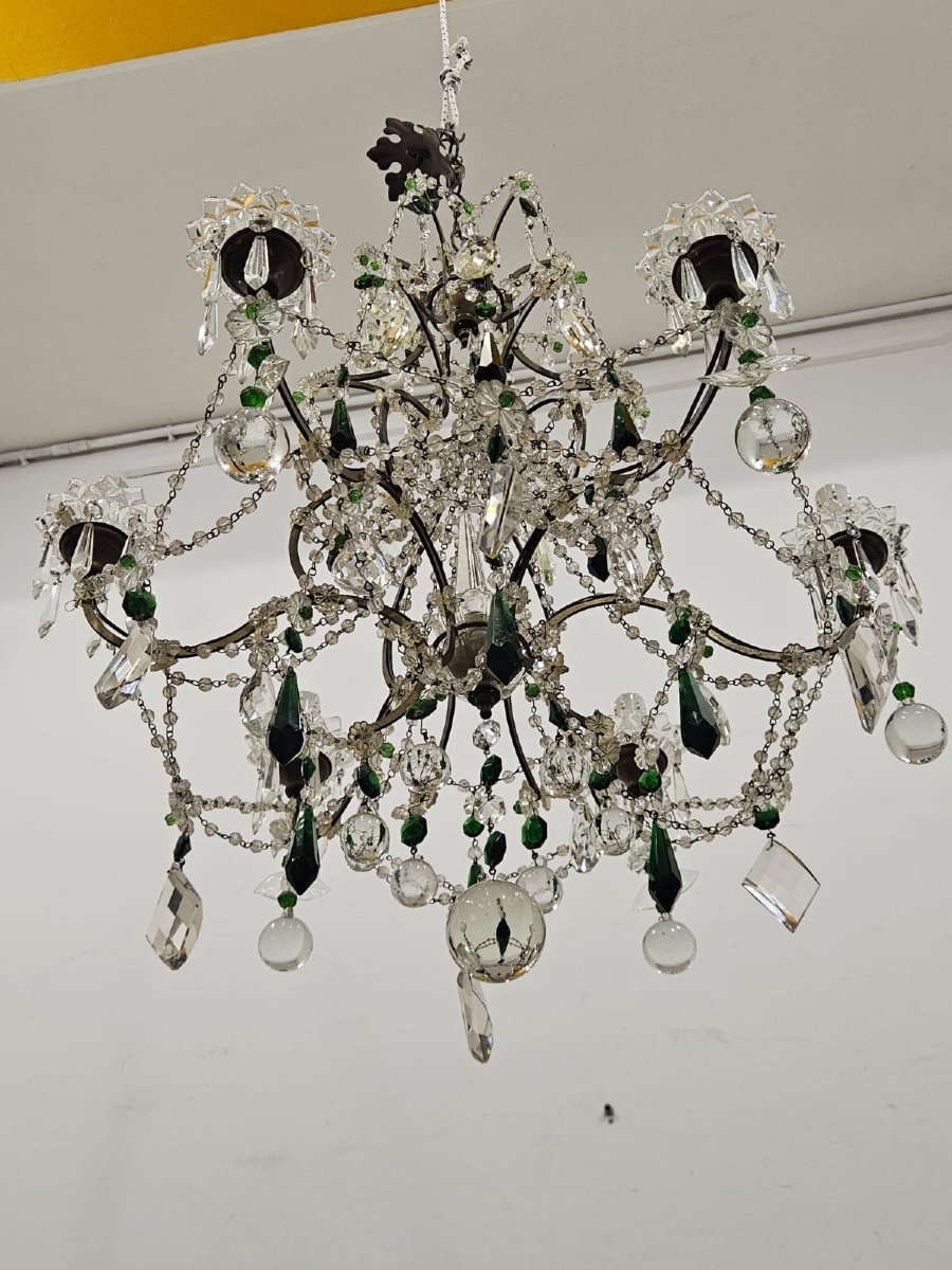 6-light Chandelier In Iron And Colored Green Glass - 1950s-photo-4