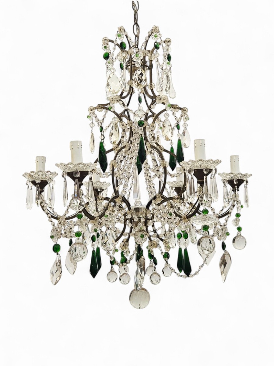 6-light Chandelier In Iron And Colored Green Glass - 1950s