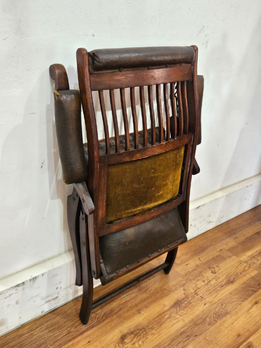 English Folding Chair In Wood And Leather – Late 19th / Early 20th Century-photo-2