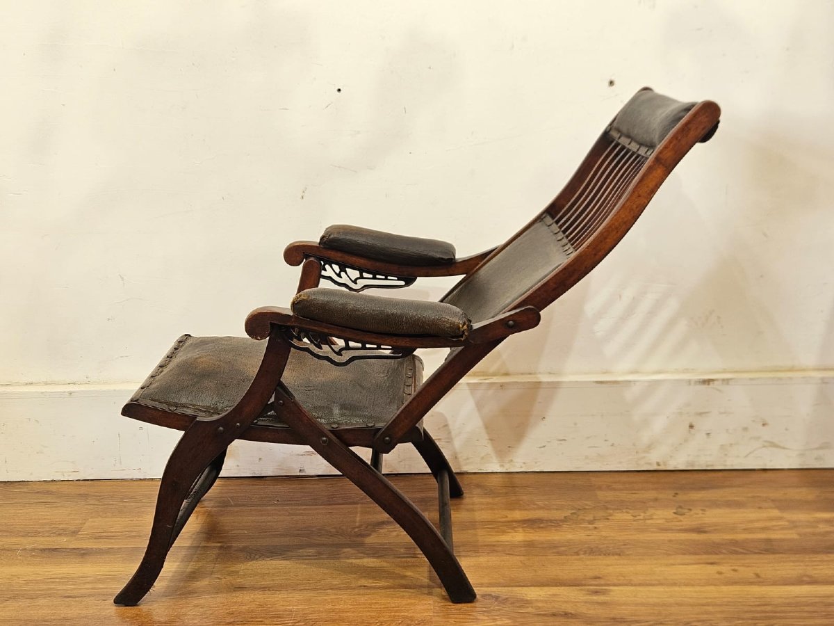 English Folding Chair In Wood And Leather – Late 19th / Early 20th Century-photo-3