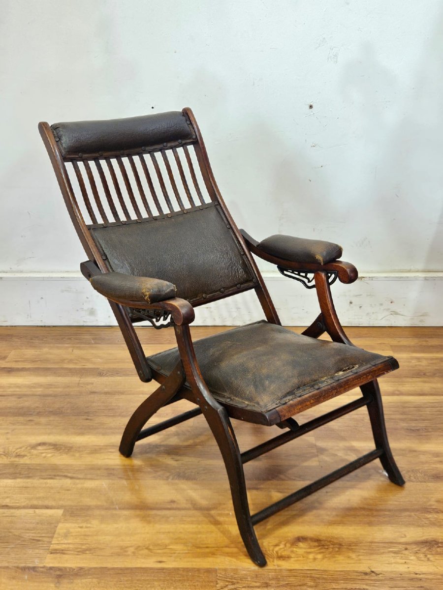 English Folding Chair In Wood And Leather – Late 19th / Early 20th Century-photo-4