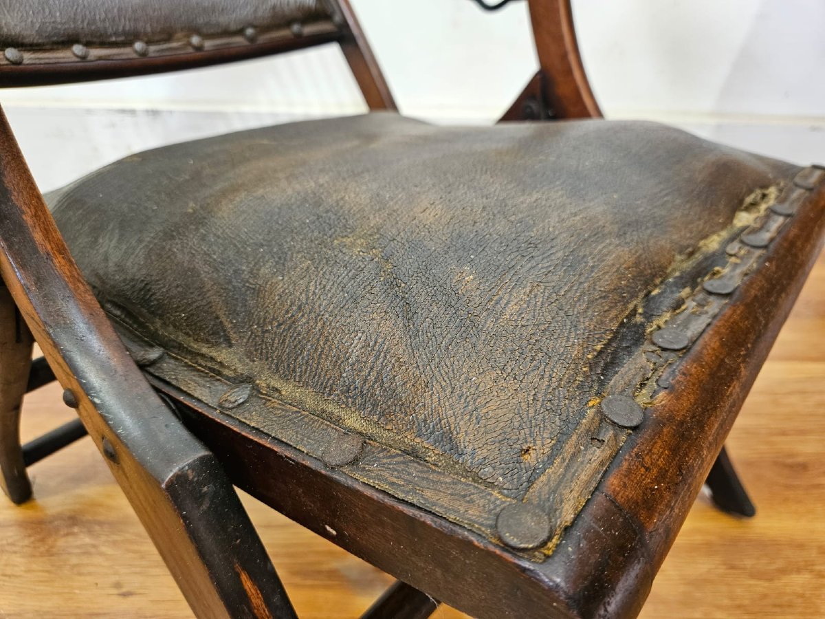 English Folding Chair In Wood And Leather – Late 19th / Early 20th Century-photo-3