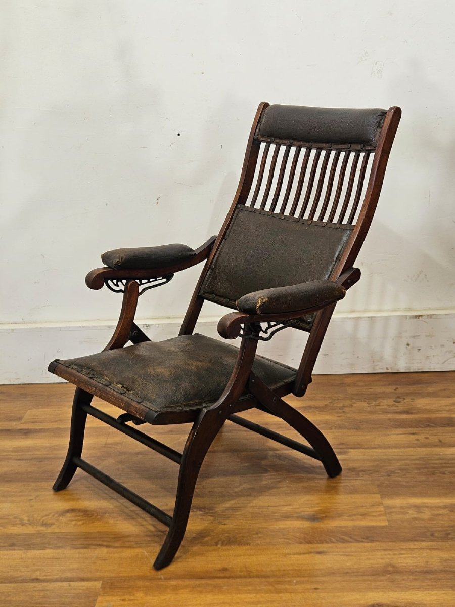 English Folding Chair In Wood And Leather – Late 19th / Early 20th Century-photo-4