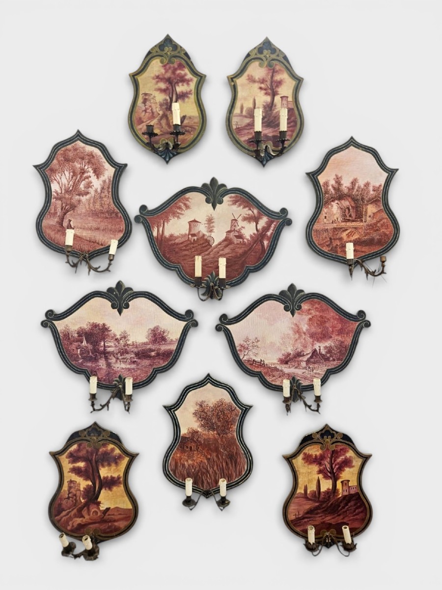 Série de 10 appliques peintes sur panneau – Années 1950