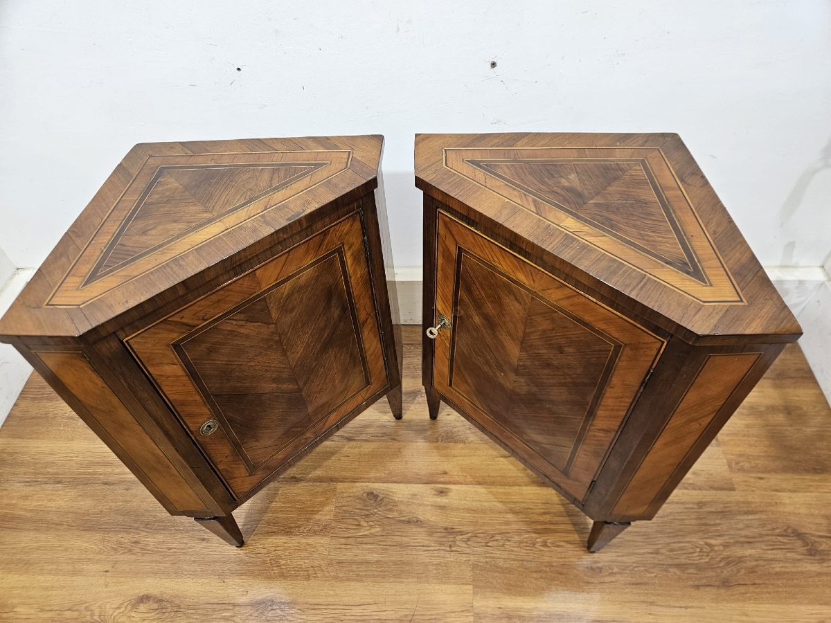 Pair Of Louis XVI Style Veneered Corner Cabinets – Early 19th Century-photo-2
