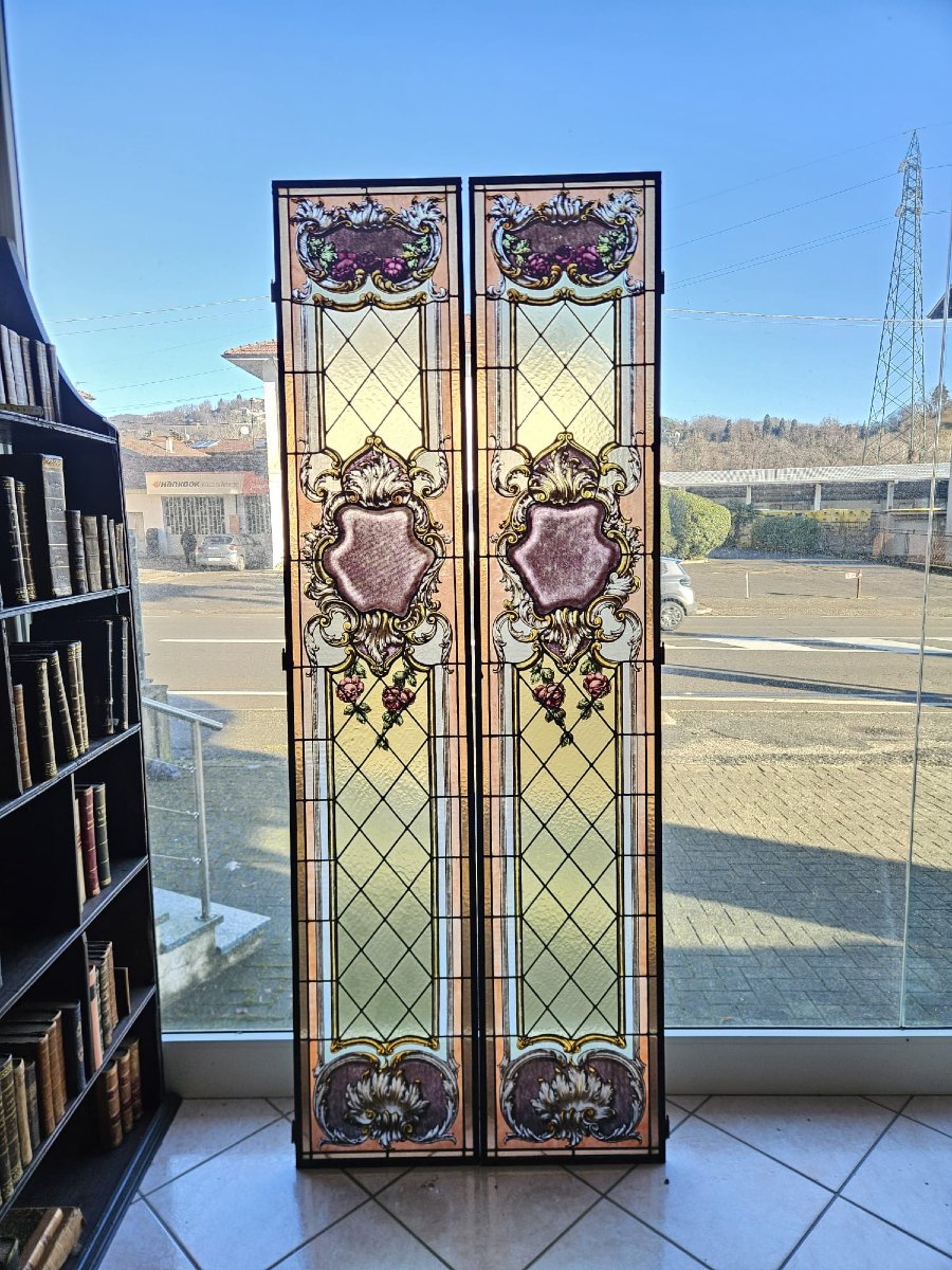 Pair Of Leaded Cathedral Stained Glass Windows – Early 20th Century – 215 X 41.5 Cm-photo-3