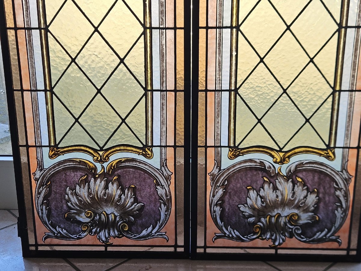 Pair Of Leaded Cathedral Stained Glass Windows – Early 20th Century – 215 X 41.5 Cm-photo-4