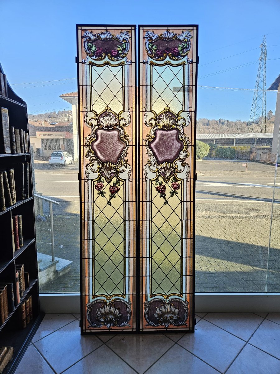 Pair Of Leaded Cathedral Stained Glass Windows – Early 20th Century – 215 X 41.5 Cm-photo-1