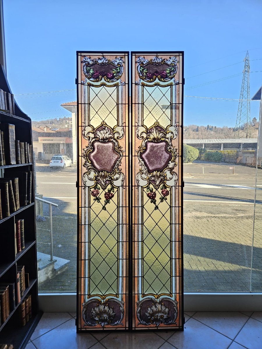 Pair Of Leaded Cathedral Stained Glass Windows – Early 20th Century – 215 X 41.5 Cm-photo-2