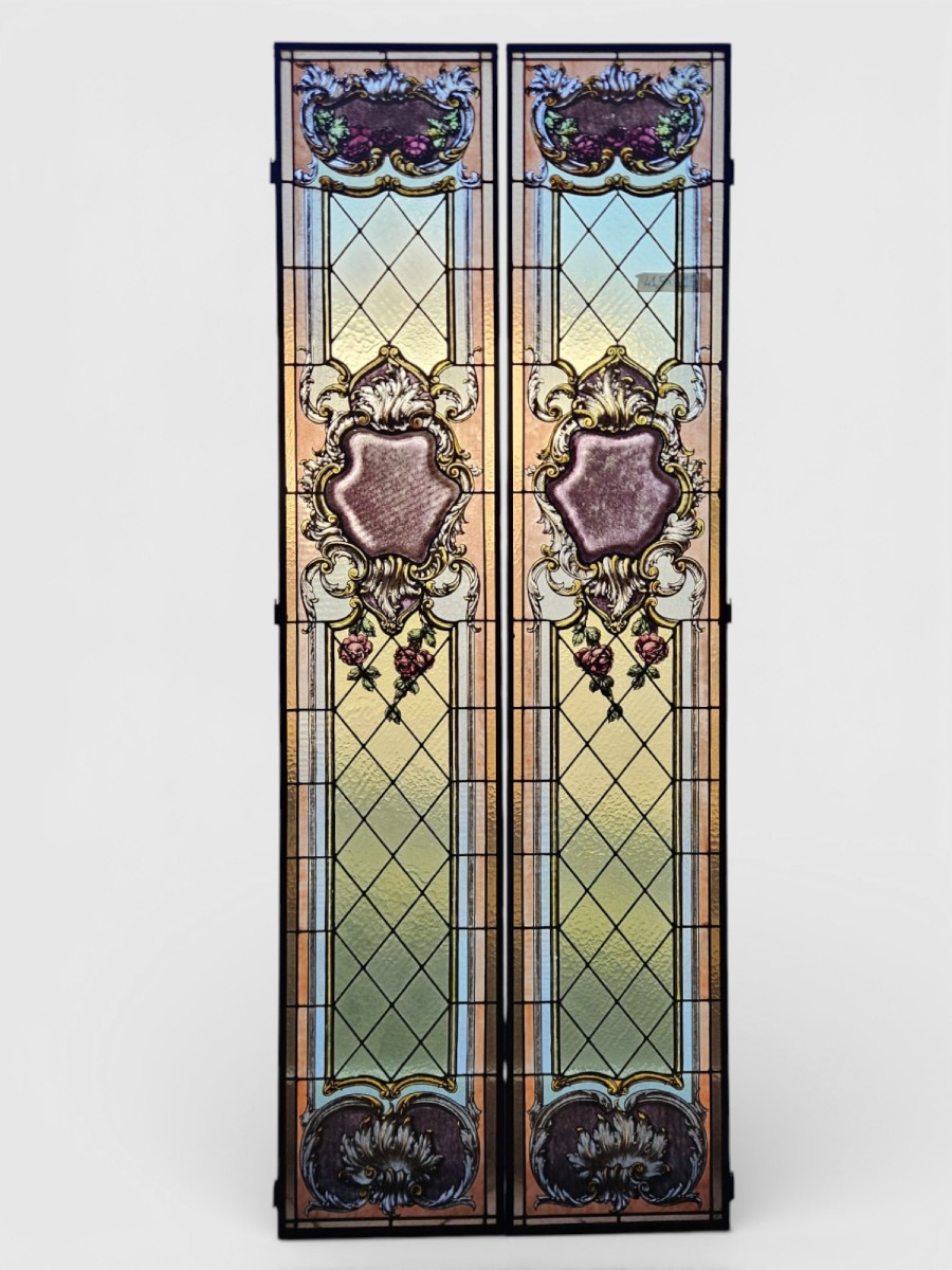Pair Of Leaded Cathedral Stained Glass Windows – Early 20th Century – 215 X 41.5 Cm