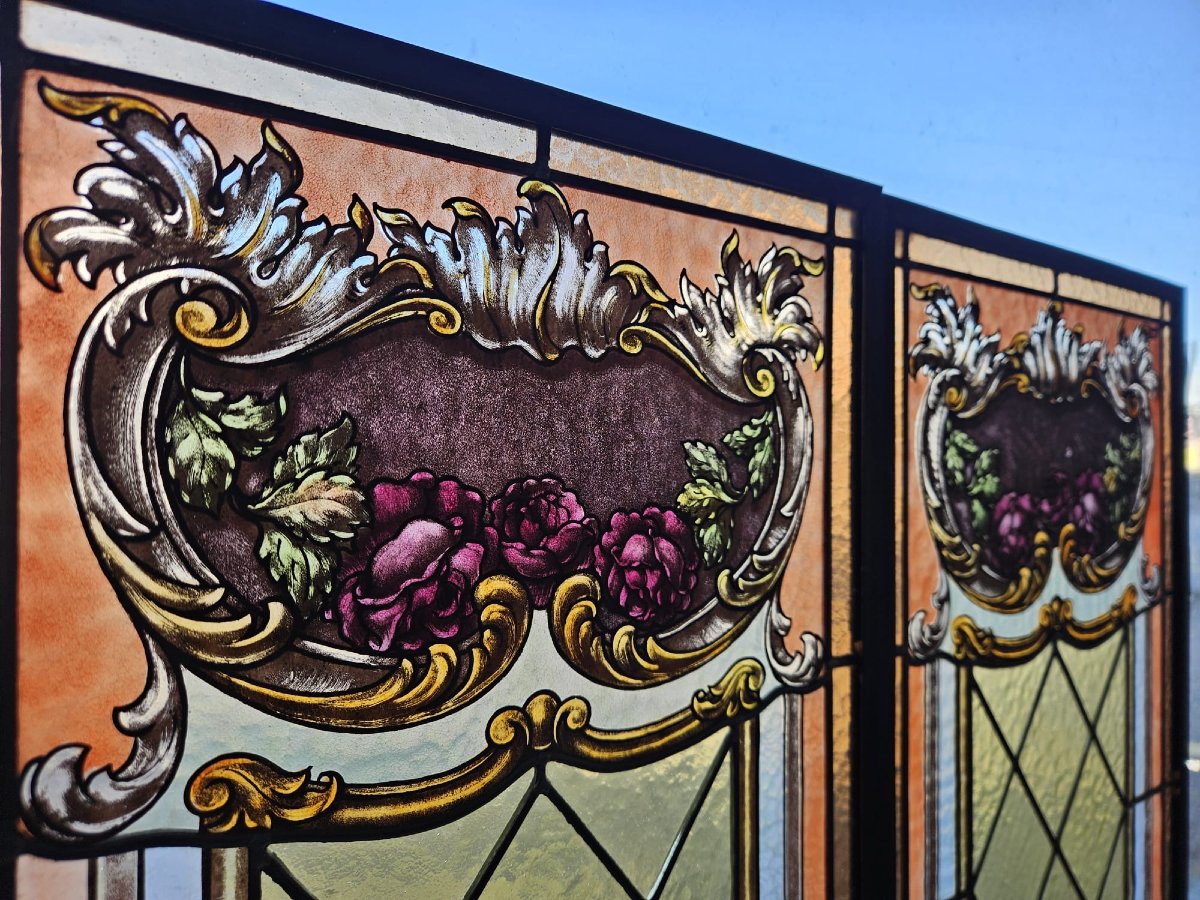 Pair Of Leaded Cathedral Stained Glass Windows – Early 20th Century – 162 Cm X 41 Cm-photo-2