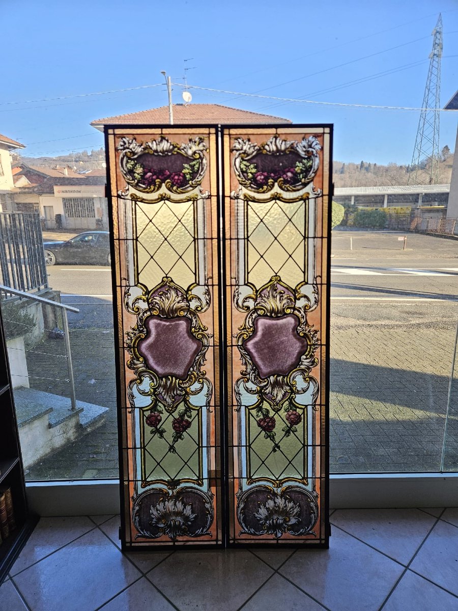 Pair Of Leaded Cathedral Stained Glass Windows – Early 20th Century – 162 Cm X 41 Cm-photo-3
