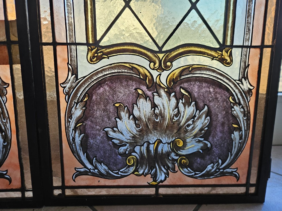 Pair Of Leaded Cathedral Stained Glass Windows – Early 20th Century – 162 Cm X 41 Cm-photo-4