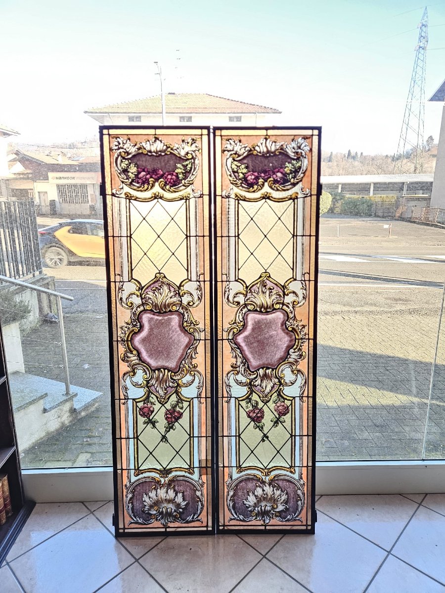 Pair Of Leaded Cathedral Stained Glass Windows – Early 20th Century – 162 Cm X 41 Cm-photo-1