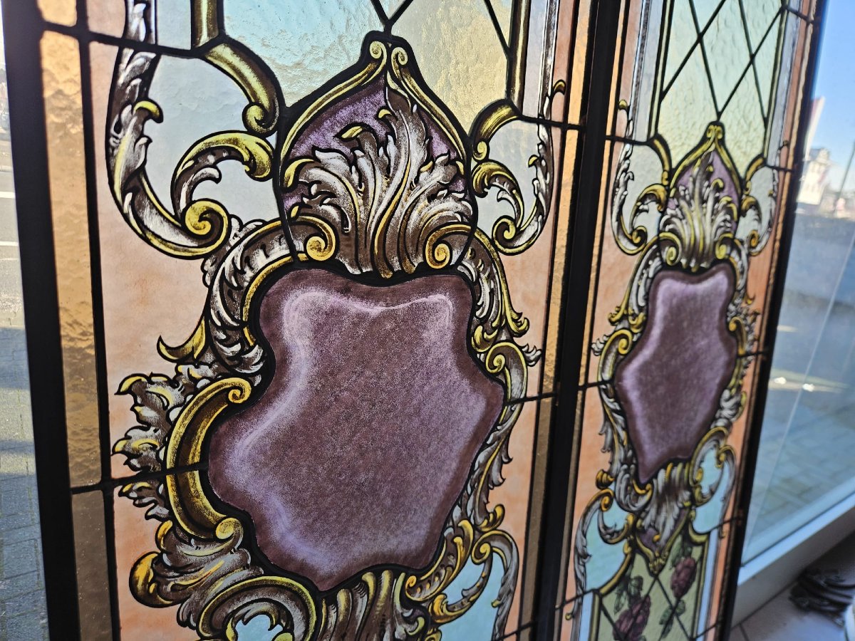 Pair Of Leaded Cathedral Stained Glass Windows – Early 20th Century – 162 Cm X 41 Cm-photo-2