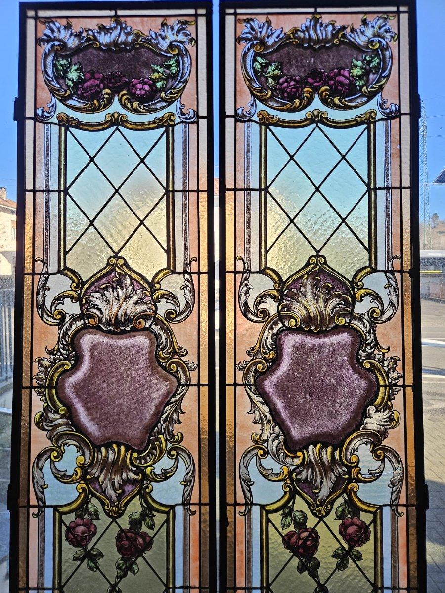 Pair Of Leaded Cathedral Stained Glass Windows – Early 20th Century – 162 Cm X 41 Cm-photo-4
