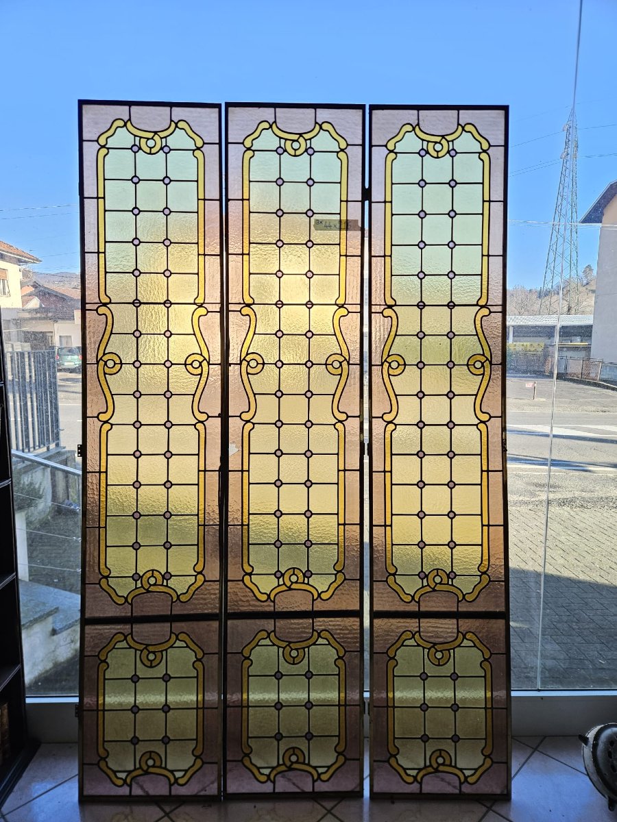 Three Leaded Cathedral Stained Glass Windows – Early 20th Century – 216 X 44 Cm-photo-2