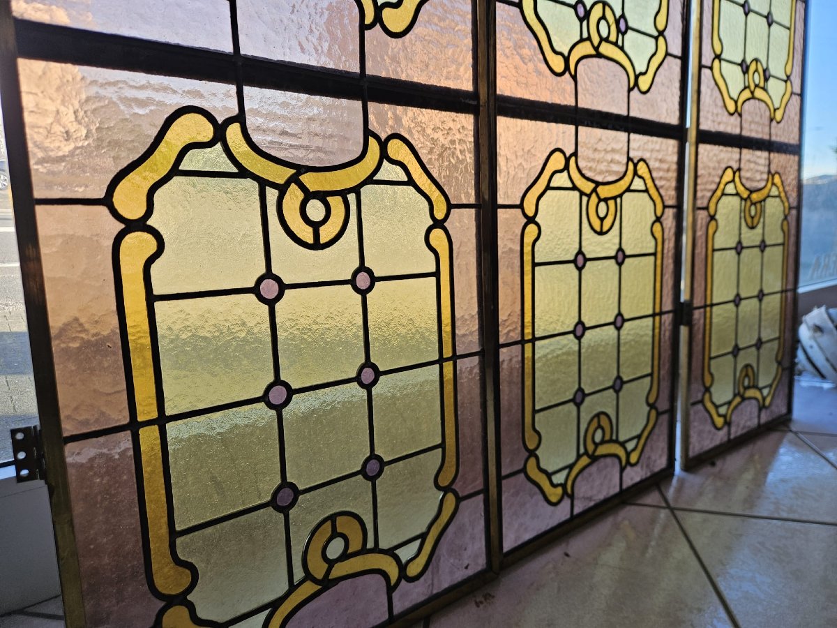 Three Leaded Cathedral Stained Glass Windows – Early 20th Century – 216 X 44 Cm-photo-4