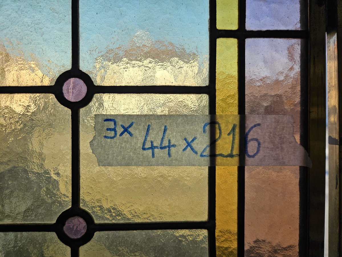 Three Leaded Cathedral Stained Glass Windows – Early 20th Century – 216 X 44 Cm-photo-1