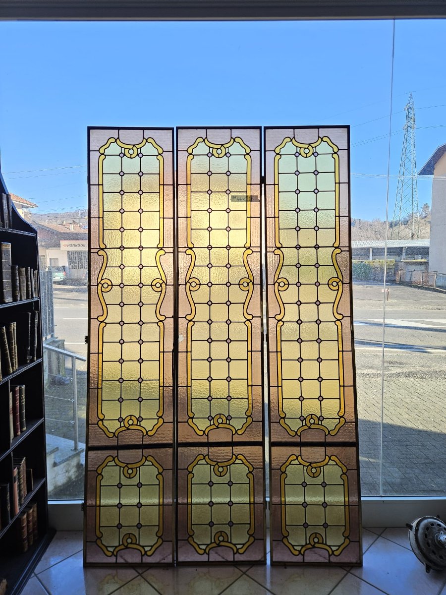 Three Leaded Cathedral Stained Glass Windows – Early 20th Century – 216 X 44 Cm-photo-3