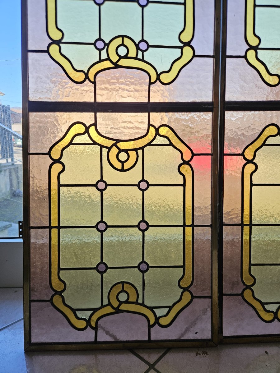 Three Leaded Cathedral Stained Glass Windows – Early 20th Century – 216 X 44 Cm-photo-6