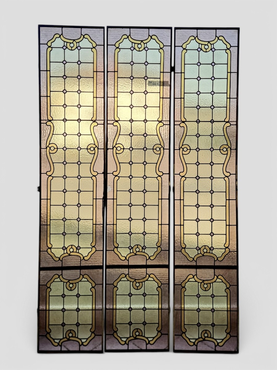 Three Leaded Cathedral Stained Glass Windows – Early 20th Century – 216 X 44 Cm