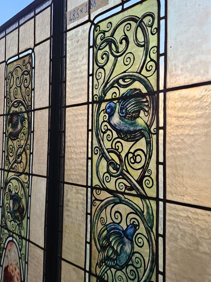 Paire de vitraux cathédrale sertis au plomb – Début du XXᵉ siècle – 188 x 48,5 cm-photo-3