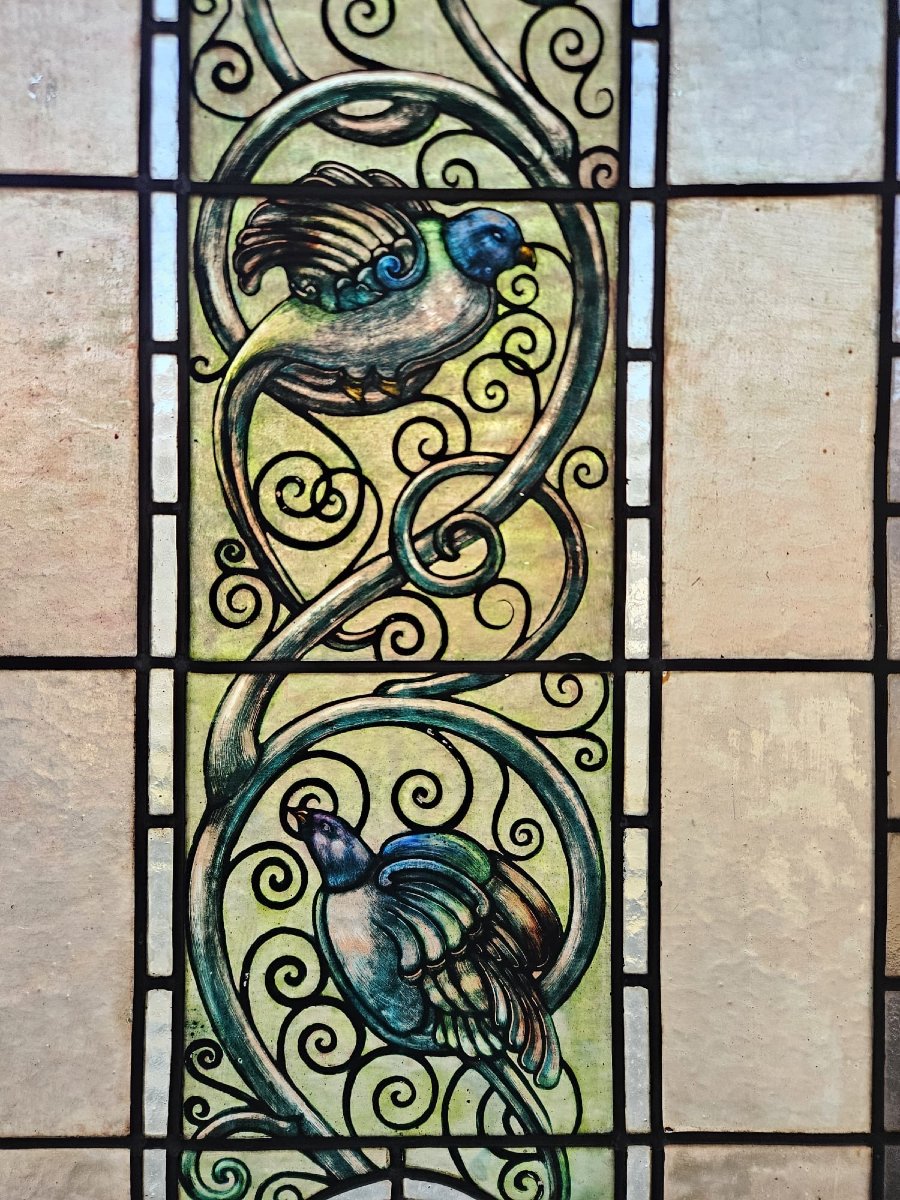 Paire de vitraux cathédrale sertis au plomb – Début du XXᵉ siècle – 188 x 48,5 cm-photo-2