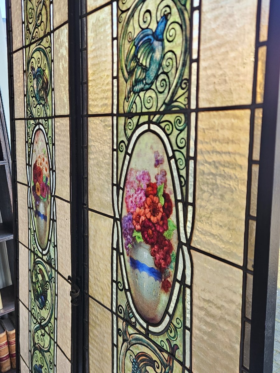 Paire de vitraux cathédrale sertis au plomb – Début du XXᵉ siècle – 188 x 48,5 cm-photo-4