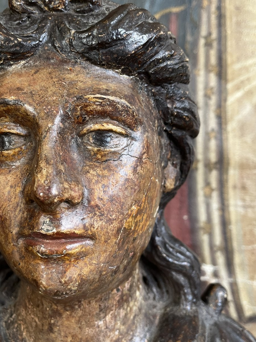 Polychrome Lacquered Wooden Bust Of An Angel - 17th Century-photo-2