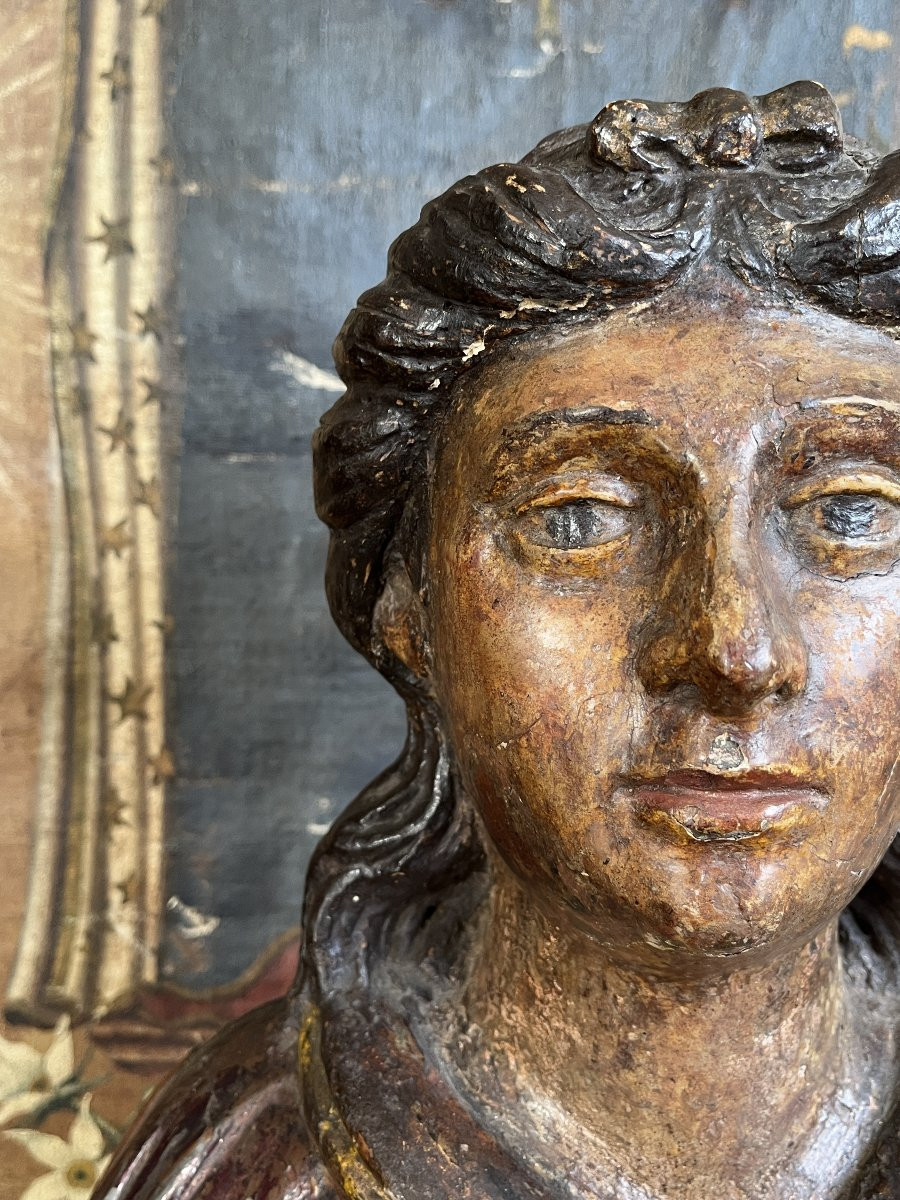Polychrome Lacquered Wooden Bust Of An Angel - 17th Century-photo-3
