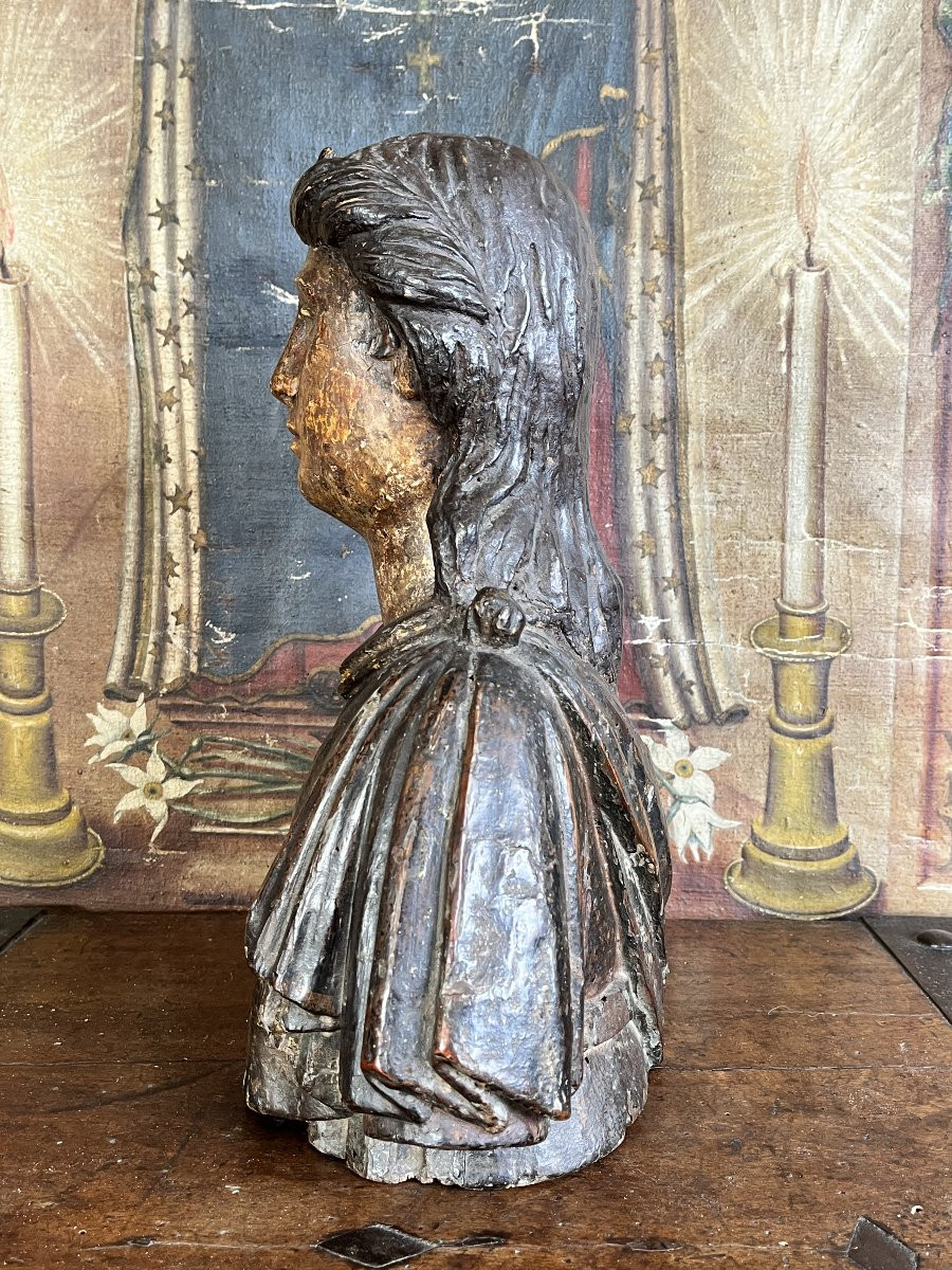 Polychrome Lacquered Wooden Bust Of An Angel - 17th Century-photo-2