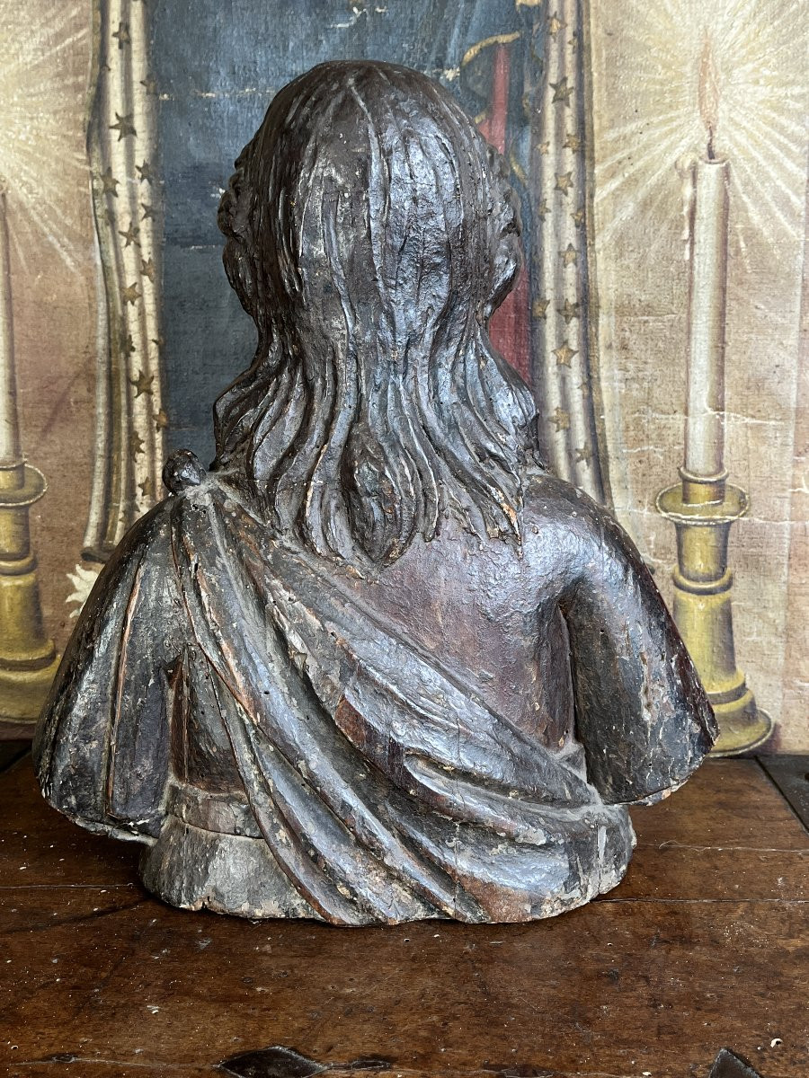 Polychrome Lacquered Wooden Bust Of An Angel - 17th Century-photo-3