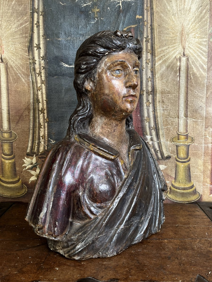 Polychrome Lacquered Wooden Bust Of An Angel - 17th Century-photo-5