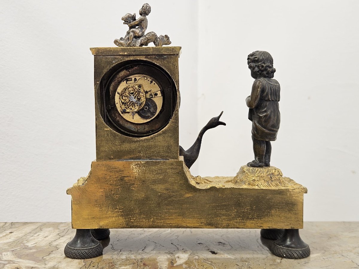 Empire-style Clock In Gilded And Patinated Bronze With A Cherub And A Goose – Early 19th Century-photo-3