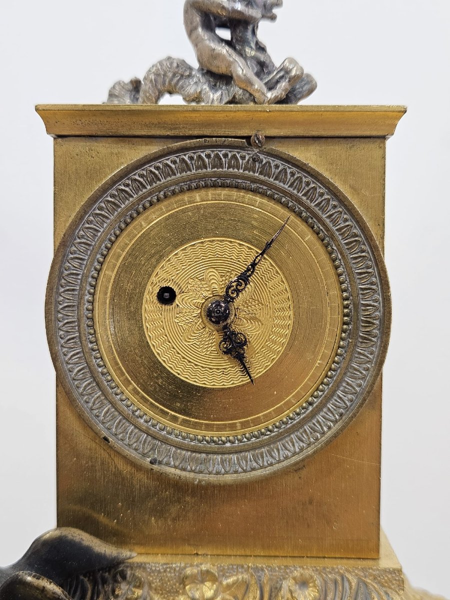 Empire-style Clock In Gilded And Patinated Bronze With A Cherub And A Goose – Early 19th Century-photo-5