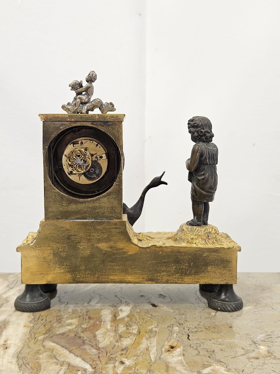 Empire-style Clock In Gilded And Patinated Bronze With A Cherub And A Goose – Early 19th Century-photo-6