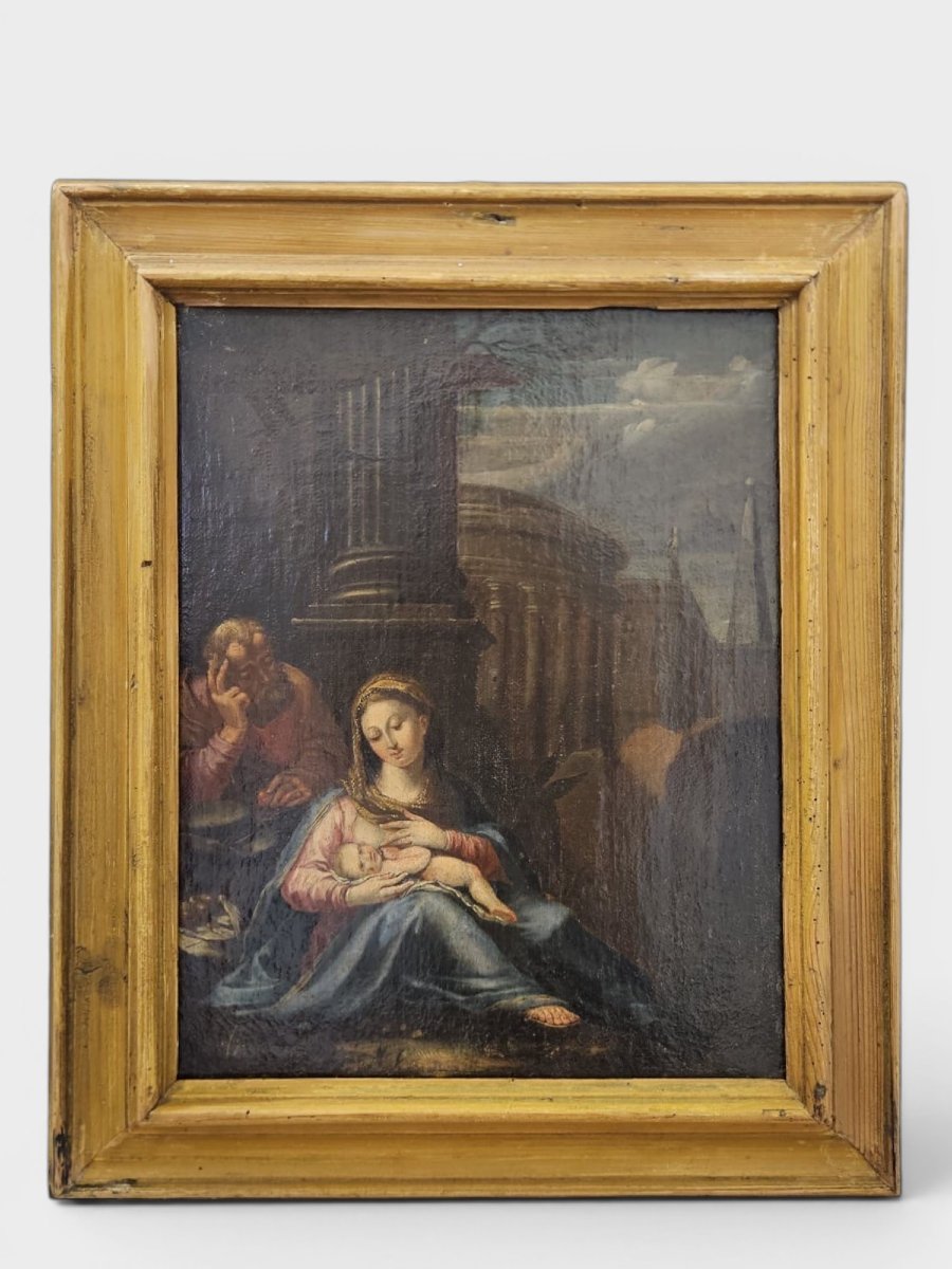 Neoclassical Painting Depicting The Holy Family With Ruins – Late 18th Century