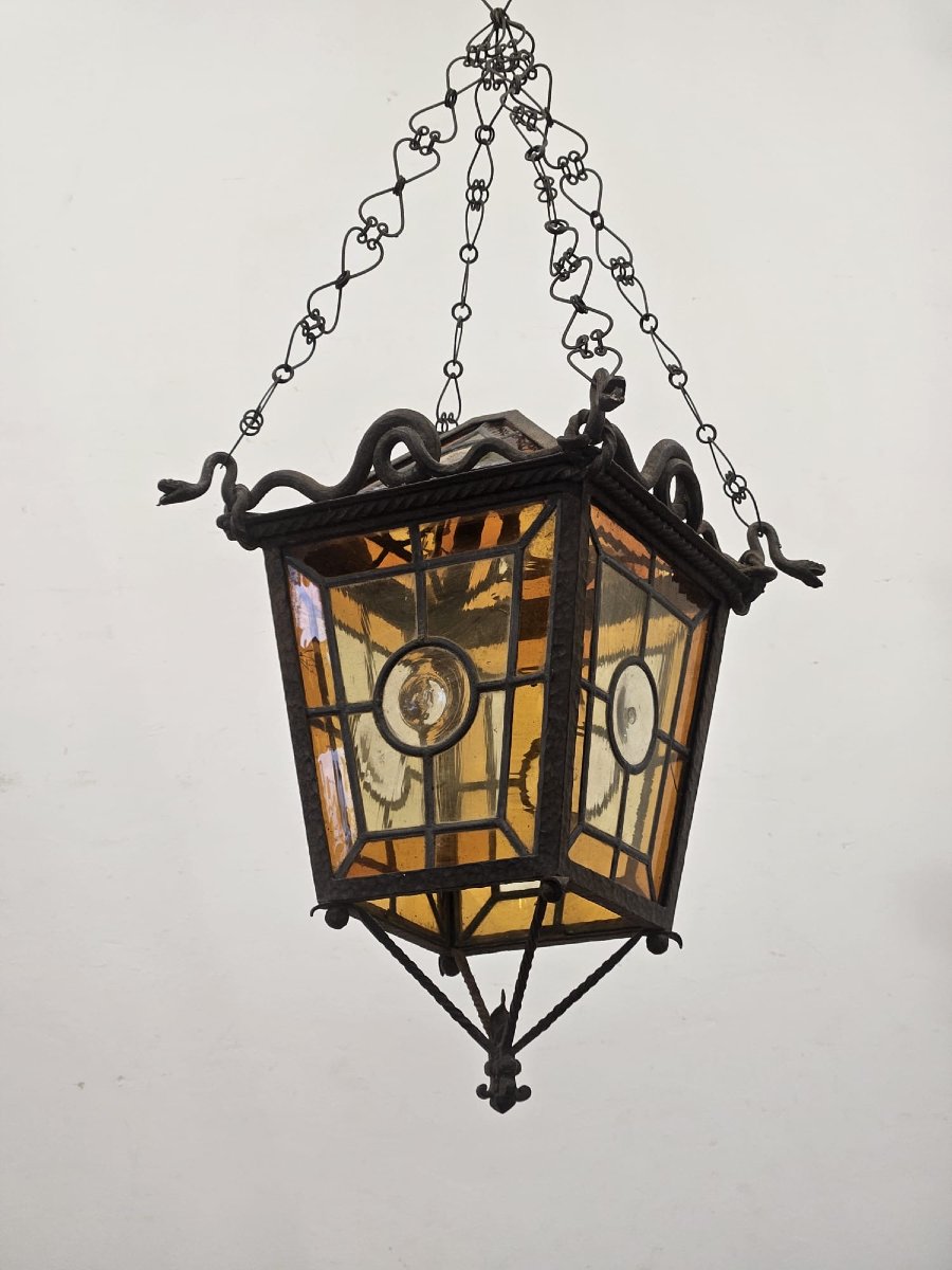 Wall-mounted Lantern Made Of Wrought Iron And Blown Glass – Late 19th / Early 20th Century-photo-2
