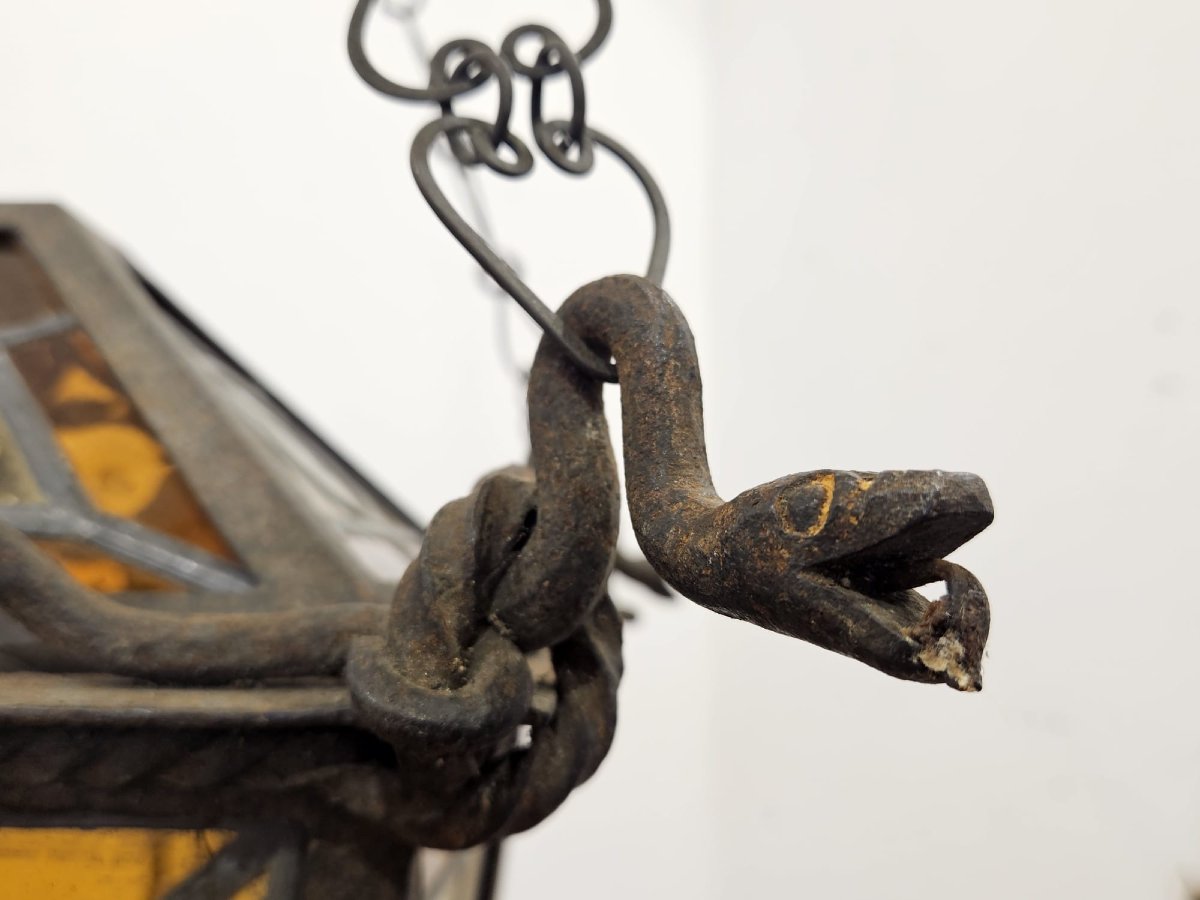 Wall-mounted Lantern Made Of Wrought Iron And Blown Glass – Late 19th / Early 20th Century-photo-4