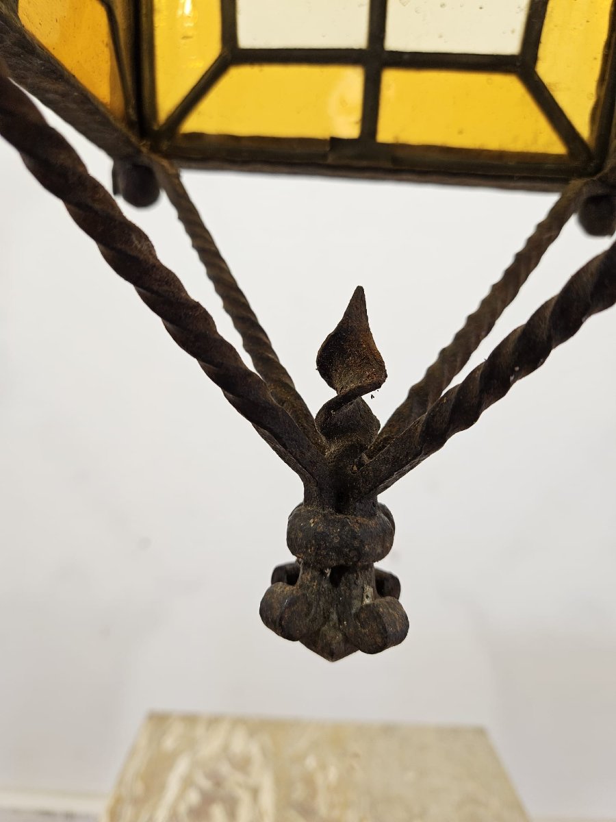 Wall-mounted Lantern Made Of Wrought Iron And Blown Glass – Late 19th / Early 20th Century-photo-2