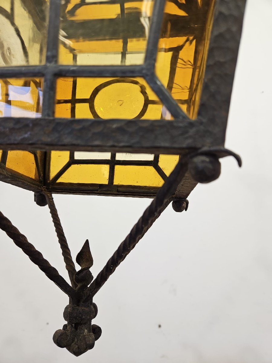 Wall-mounted Lantern Made Of Wrought Iron And Blown Glass – Late 19th / Early 20th Century-photo-5