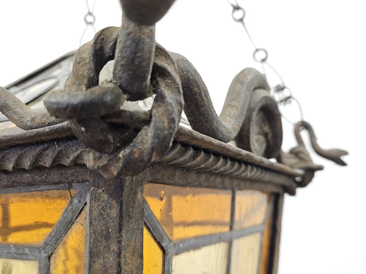 Wall-mounted Lantern Made Of Wrought Iron And Blown Glass – Late 19th / Early 20th Century-photo-7