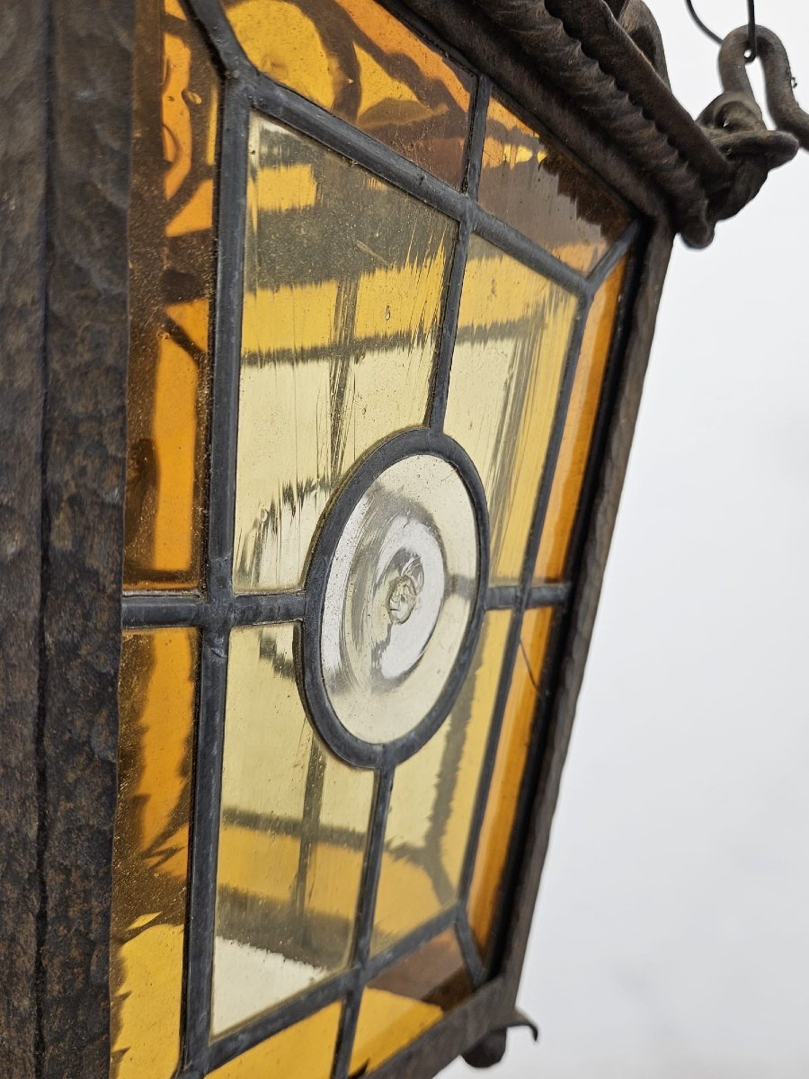 Wall-mounted Lantern Made Of Wrought Iron And Blown Glass – Late 19th / Early 20th Century-photo-8