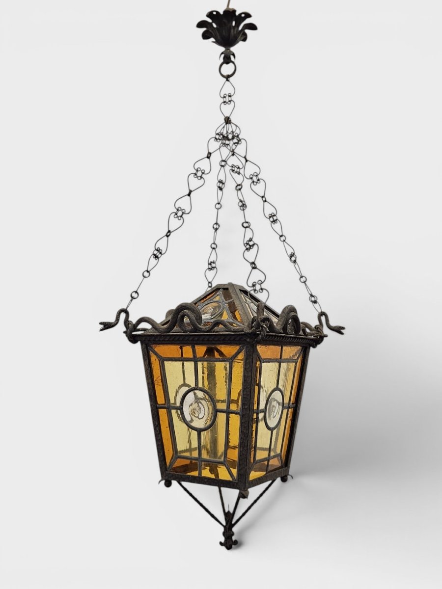 Wall-mounted Lantern Made Of Wrought Iron And Blown Glass – Late 19th / Early 20th Century